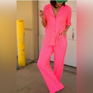 Dressed in Lala Electric Pink Plisse Set